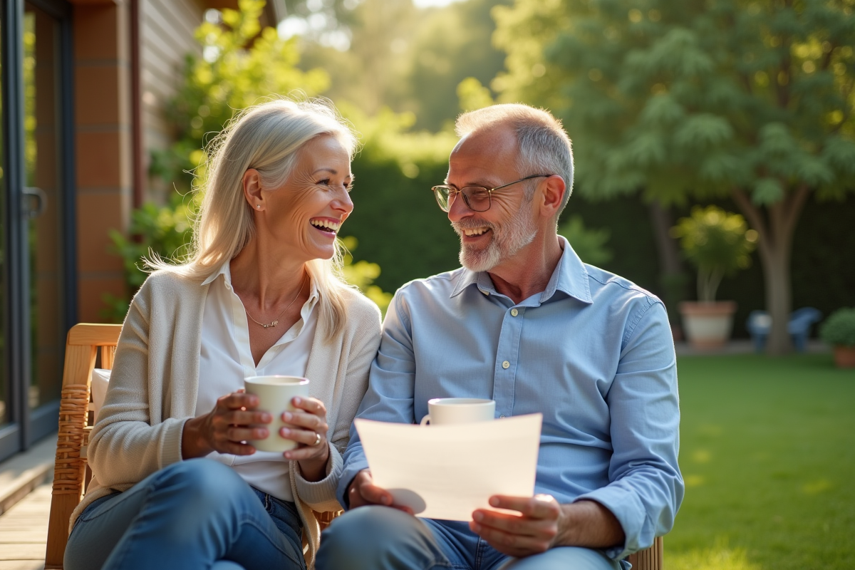 Couple souriant avec tasses de café sur la terrasse