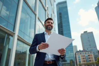Promoteur immobilier confiant devant un bâtiment moderne à Paris