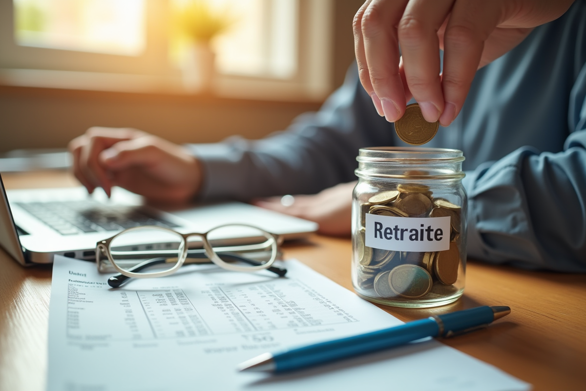 Mains déposant des euros dans un pot de retraite sur un bureau en bois