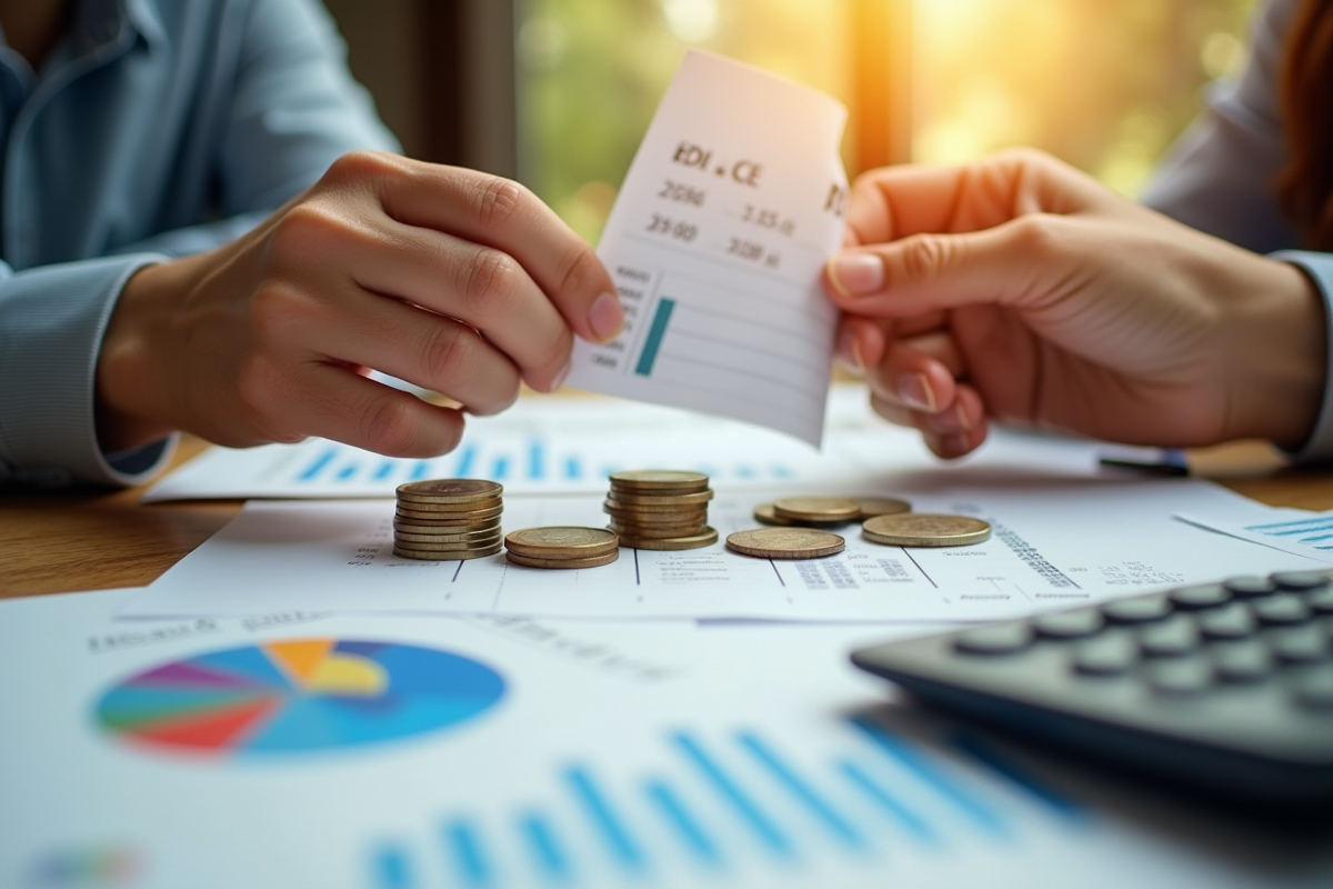 Echange de pièces et reçus avec graphiques financiers sur table