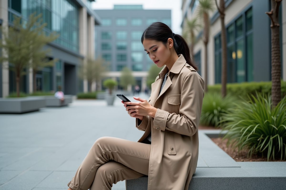 Femme utilisant son téléphone sur un banc en extérieur