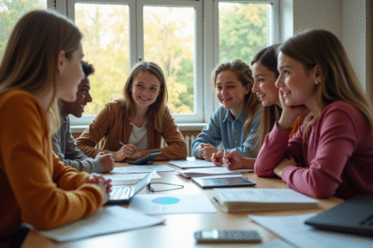 Groupe de lycéens et professeur en formation financière