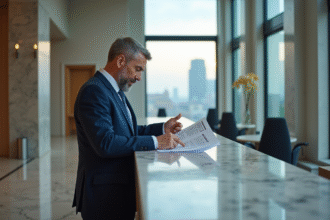 Homme d'affaires en costume navy dans une banque