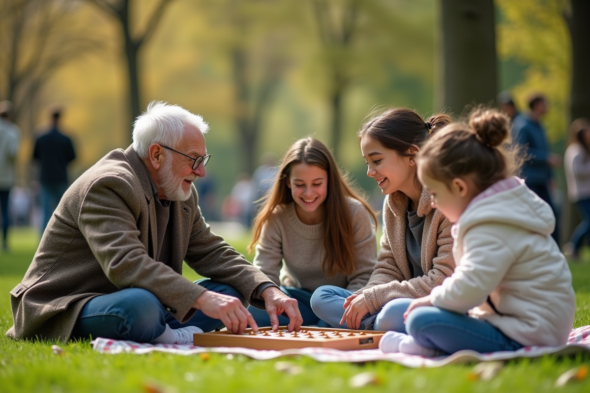 Famille jouant à un jeu de société dans un parc en plein air