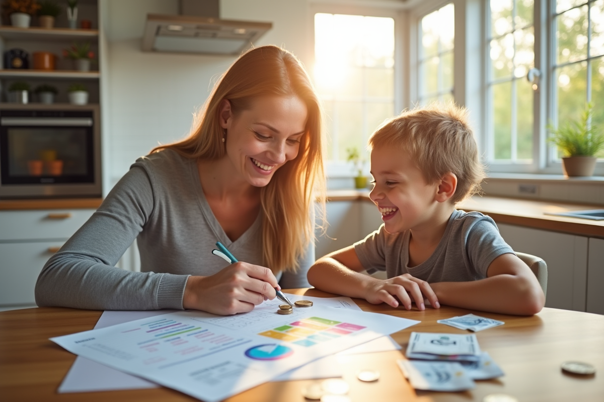 Parent et enfant discutant de budget avec des pièces