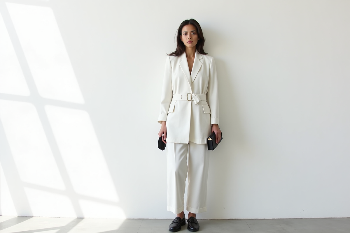 Personne élégante en tenue monochrome devant un mur blanc
