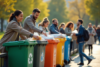 Groupe de personnes recyclant dans un parc en ville ensoleille