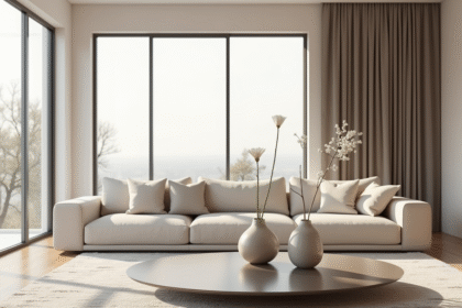 Salon moderne avec mobilier minimaliste et lumière naturelle