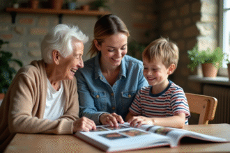 Famille française de trois générations souriantes à table