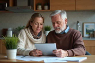 Couple de milieu d'âge examinant des documents à la maison