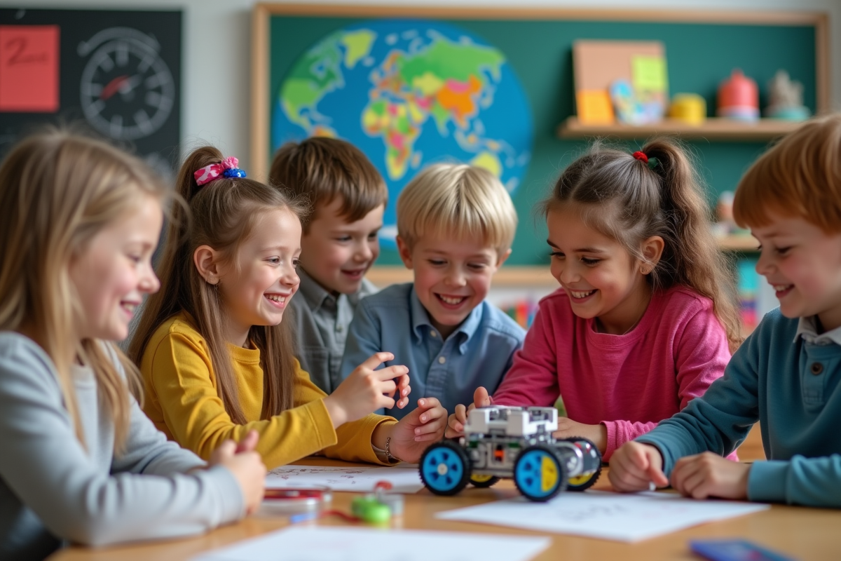 Enfants en activité scientifique dans une classe colorée