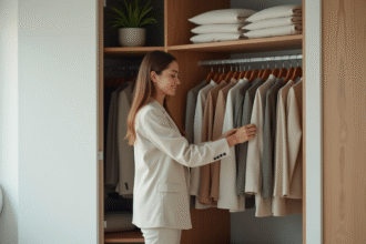Jeune femme organisée dans son placard minimaliste