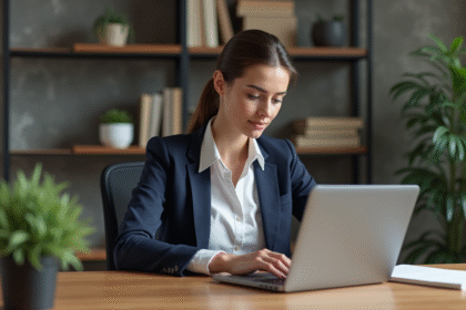 Jeune femme professionnelle travaillant sur un ordinateur portable dans un bureau moderne