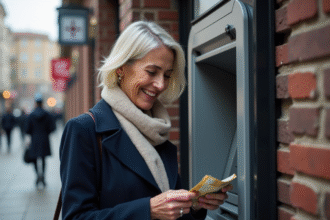 Femme souriante retire des billets à un distributeur automatique