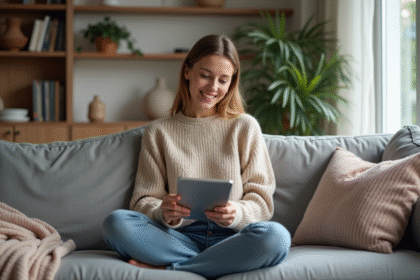 Jeune femme détendue avec un iPad Mini dans un salon scandinave
