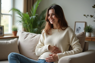 Femme souriante dans un salon moderne et chaleureux