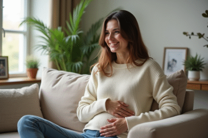 Femme souriante dans un salon moderne et chaleureux