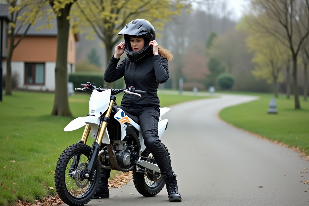 Jeune femme en équipement motocross ajustant son casque