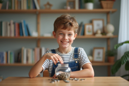 Garçon de 10 ans comptant des pièces dans un verre à la maison