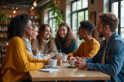 Groupe divers de jeunes souriants au café convivial