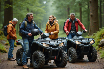 Groupe d'adultes en quad dans la forêt verte