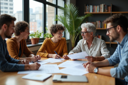 Groupe diversifié en réunion dans un bureau moderne