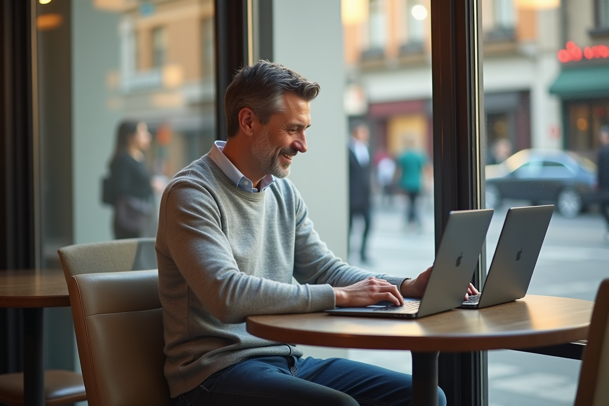 Homme d age moyen comparant deux ordinateurs portables dans un café en ville