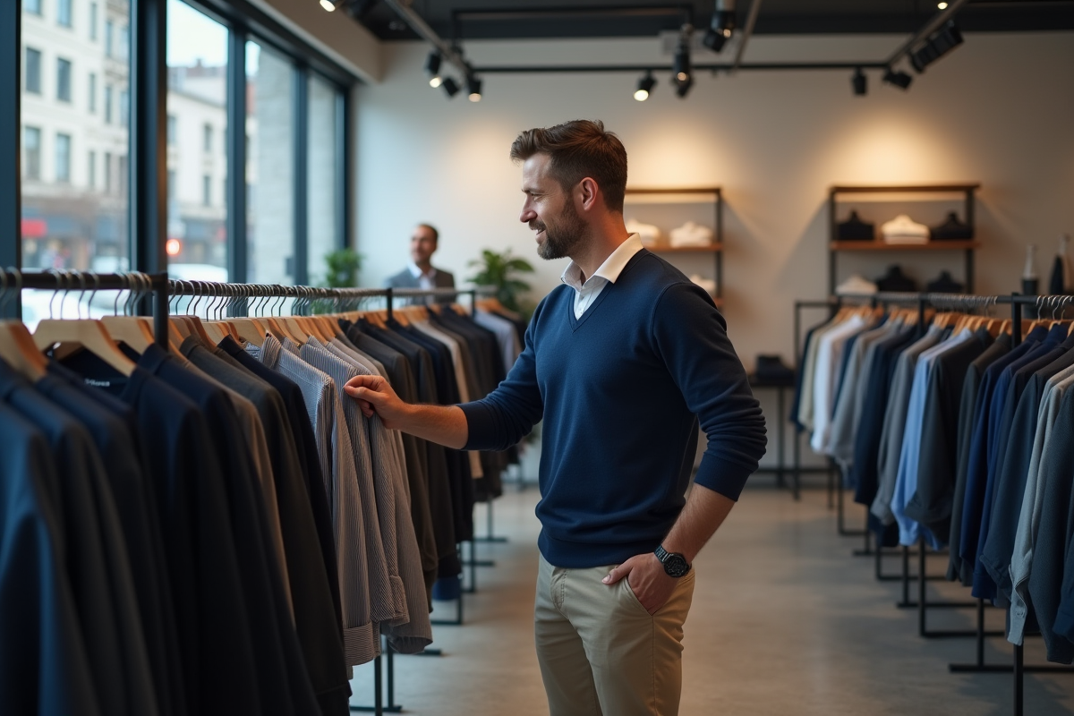 Homme choisissant un vêtement dans un showroom moderne