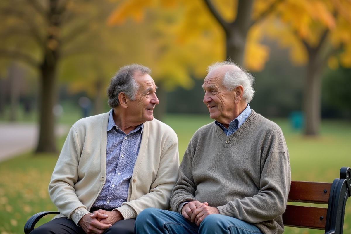Deux hommes discutant sur un banc dans un parc en automne