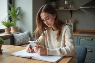 Jeune femme en cuisine avec smartphone et carnet