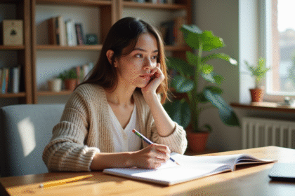 Jeune femme concentrée dans son espace de travail lumineux