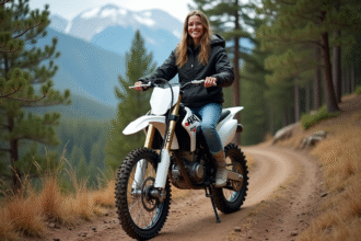 Jeune femme en motocross enduro sur sentier forestier