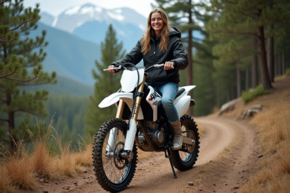 Jeune femme en motocross enduro sur sentier forestier