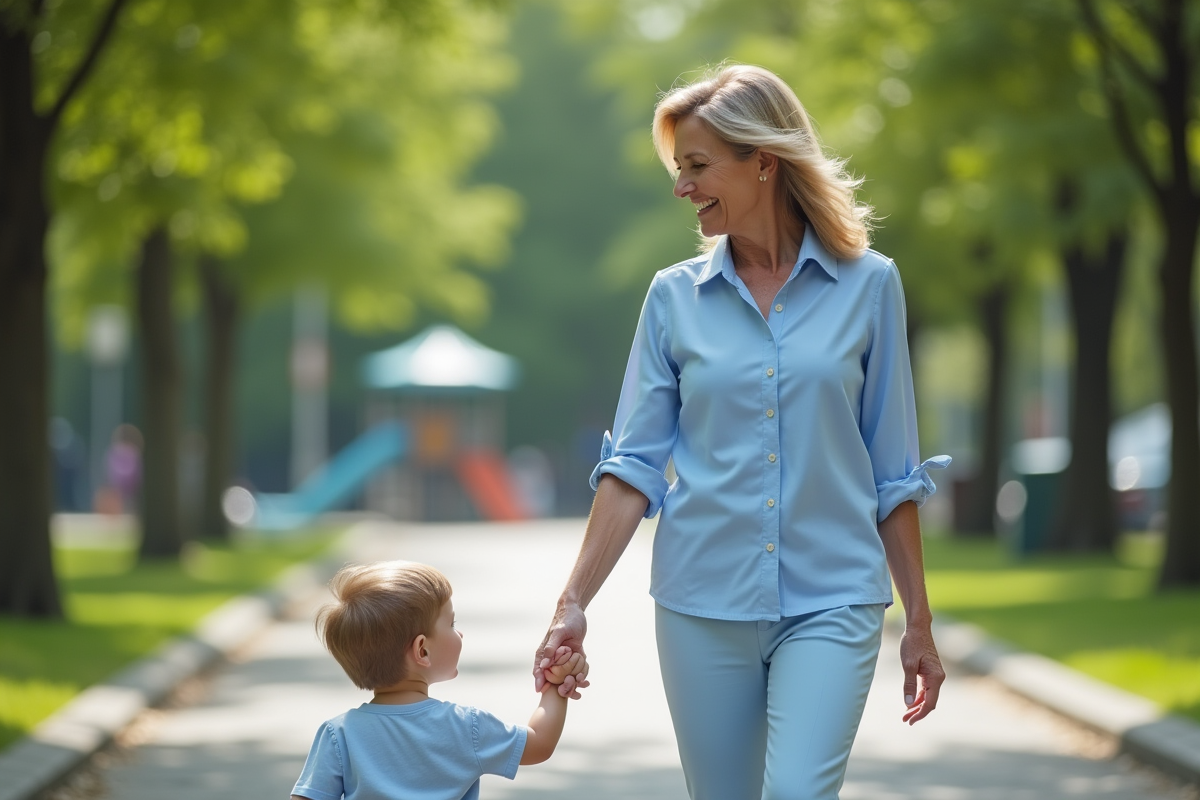 Maman et enfant se promenant dans un parc urbain