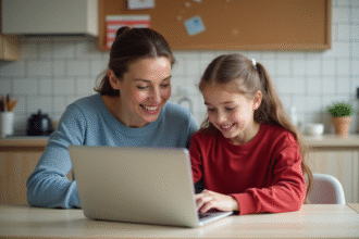 Maman et sa fille regardent un ordinateur dans la cuisine