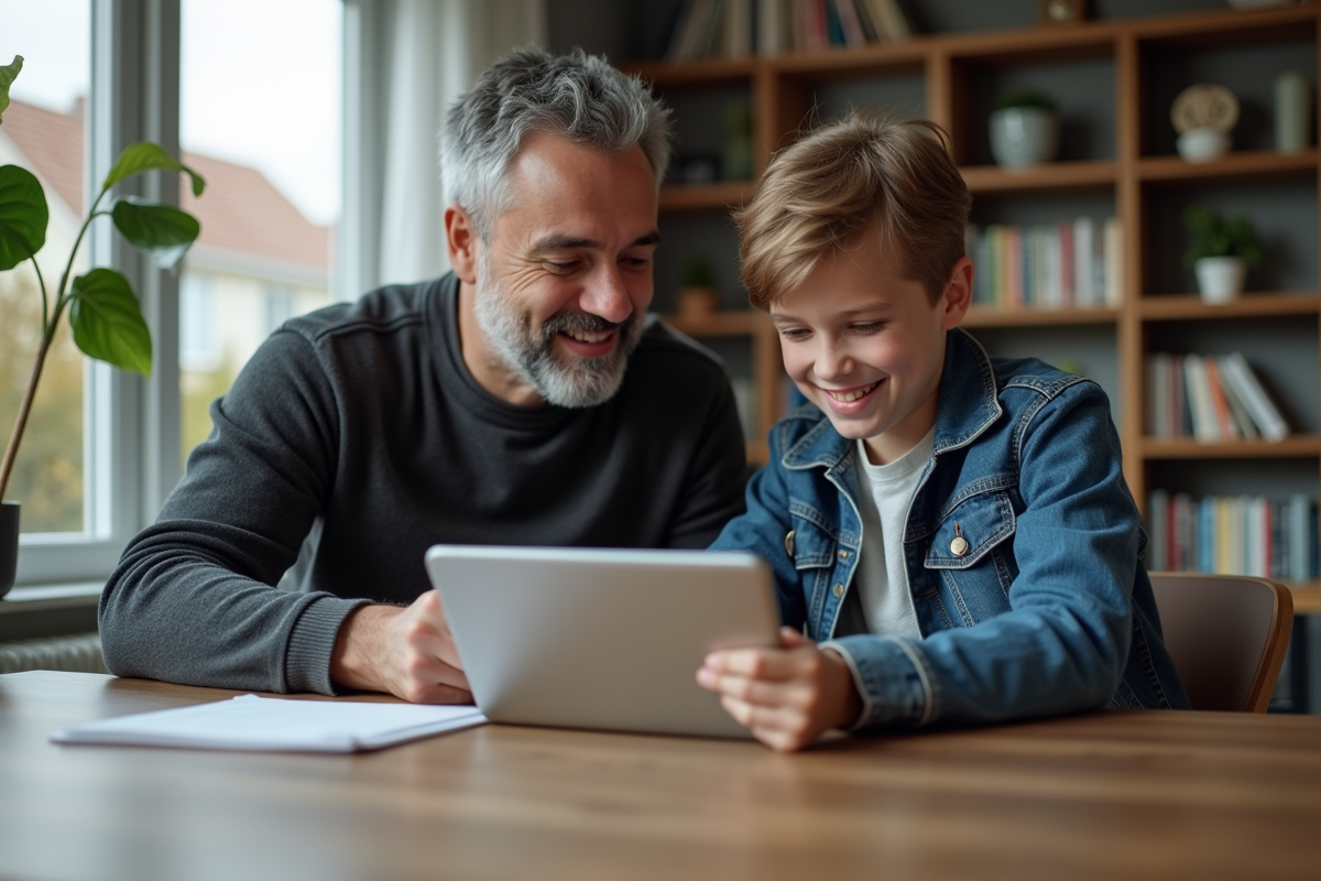 Pere et son fils travaillent ensemble sur une tablette dans le salon
