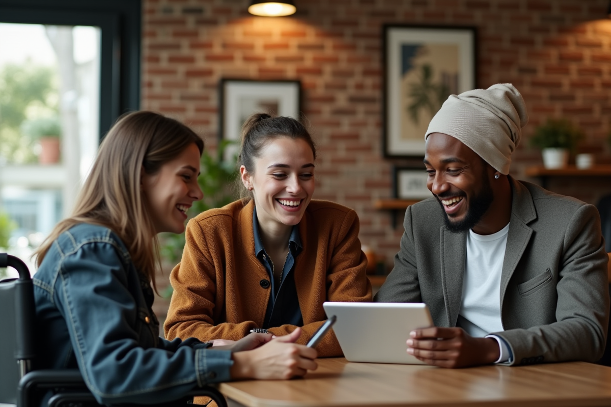Groupe inclusif discutant dans un café chaleureux