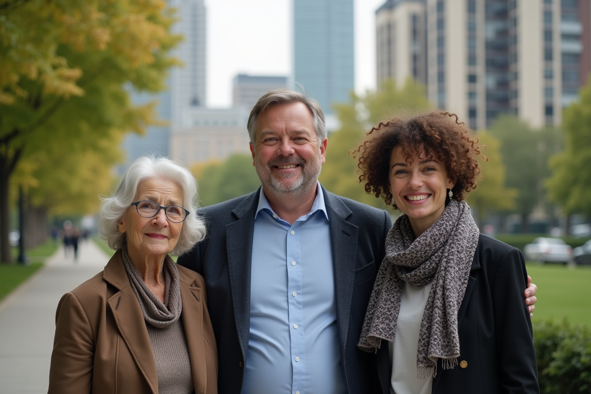 Trois personnes dans un parc urbain en tenue professionnelle