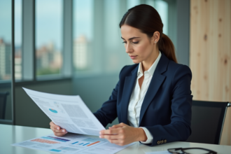 Femme d affaires en bureau examinant un portefeuille financier