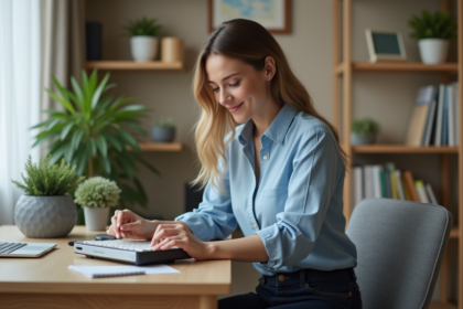 Femme ajustant un modem dans son espace de travail à domicile