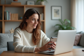 Femme concentrée travaillant sur son bureau à la maison