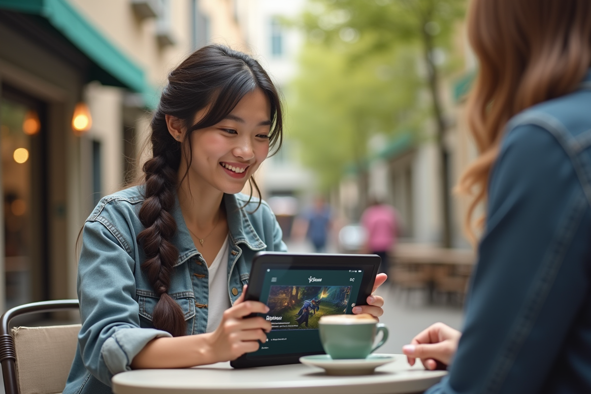 Femme discutant stratégie Dofus dans un café en plein air