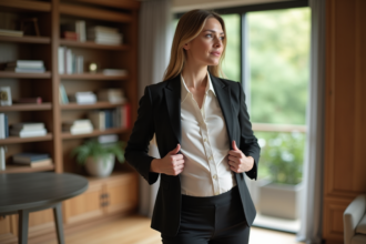 Femme en blazer ajusté dans un intérieur élégant