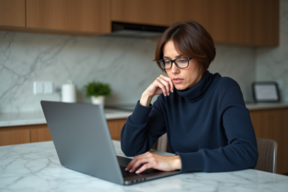 Femme en turtleneck compare deux ordinateurs portables