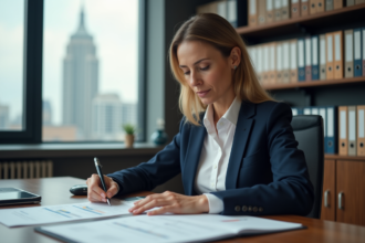 Femme d'affaires en bureau avec documents et cityscape