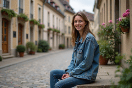 Jeune femme souriante dans un village français charmant