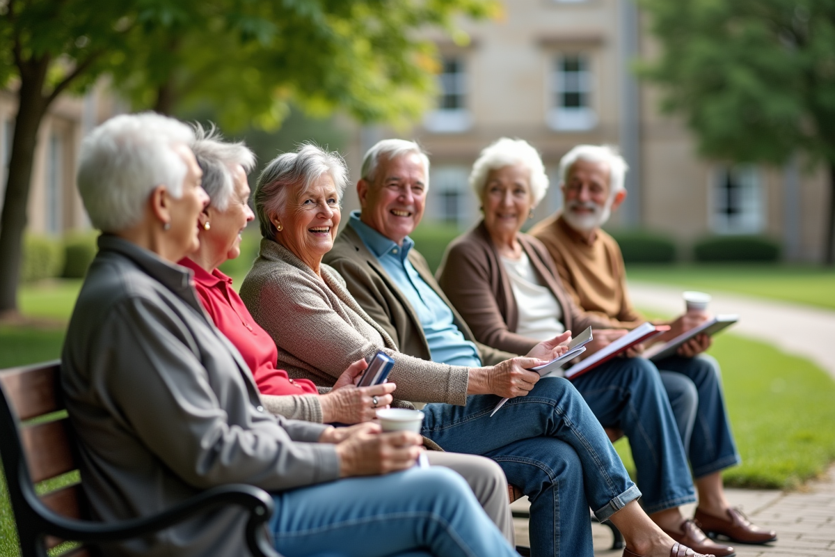 Groupe de retraités discutant dans un parc en plein air