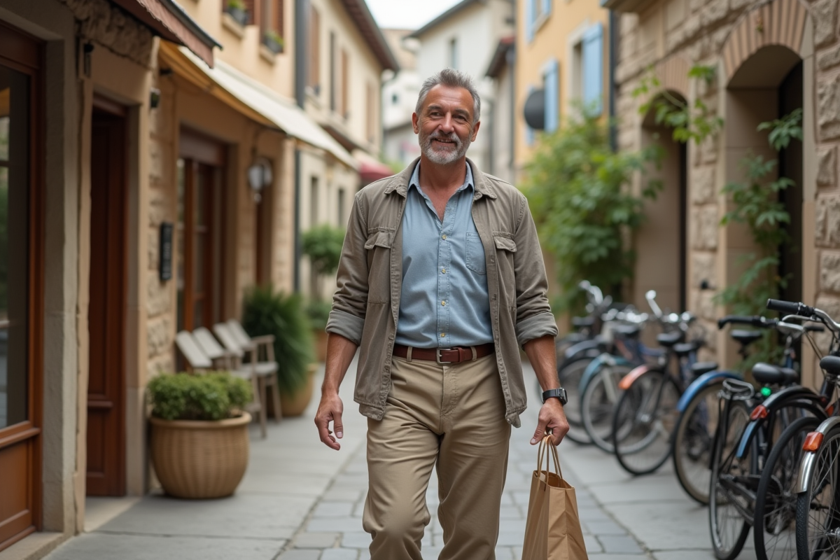 Homme marchant devant une boulangerie en ville française