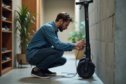 Homme connectant un chargeur à un scooter électrique dans un appartement