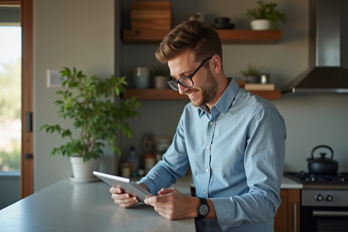 Jeune homme lisant une tablette dans la cuisine moderne